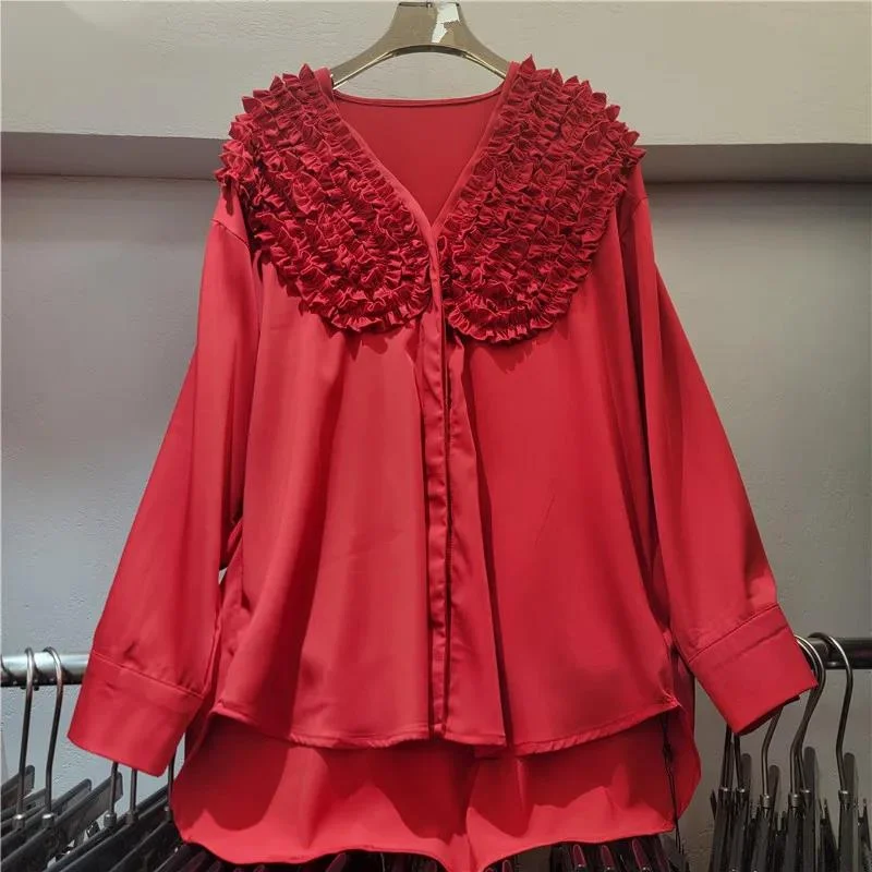 

Elegant Style Solid Color Ruffled Ruched V-neck Long Sleeve Shirt Top Women 2026 Spring New Loose Irregular Blouse 16O6KAW