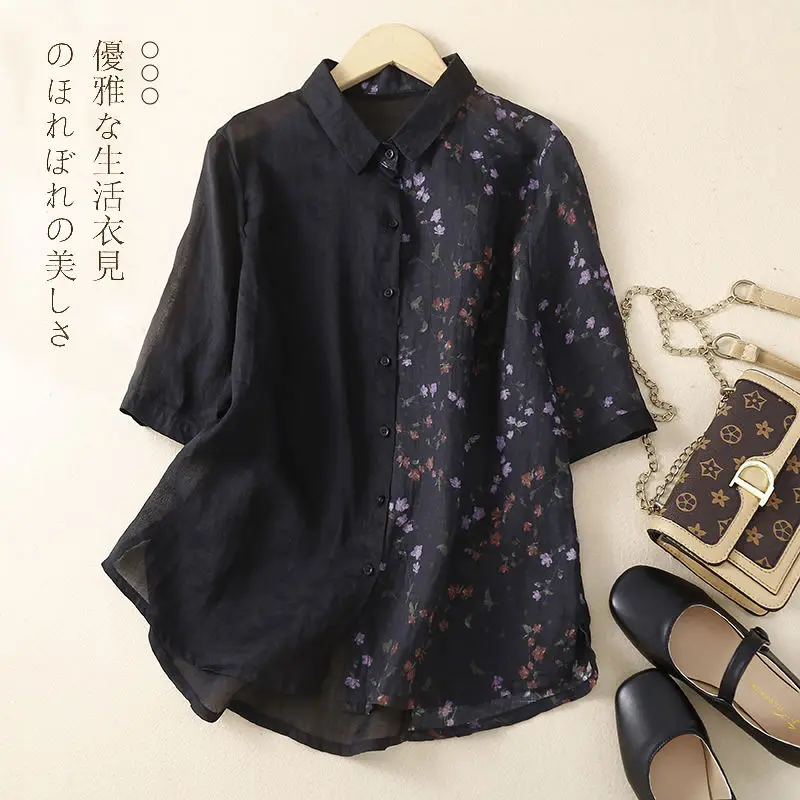 Spring Autumn Splicing Vintage Print Blouse Female Clothing Turn-down Collar Button Thin Style Loose-fitting Half Sleeve Shirt