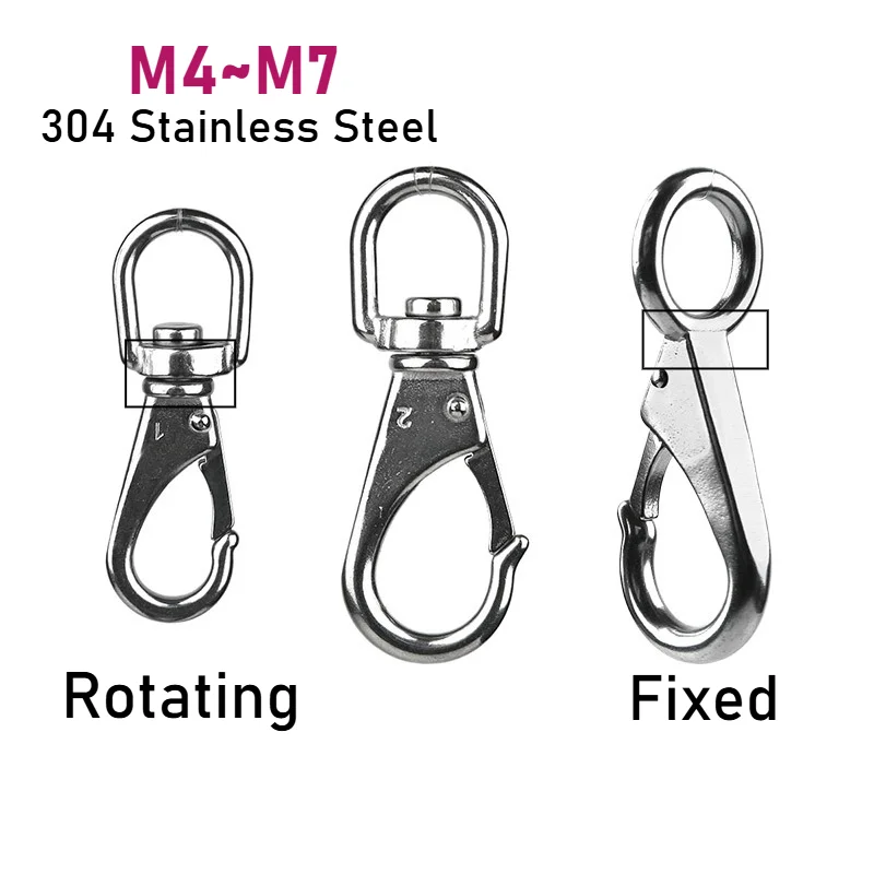 M4 M5 M6 M7 304 Stainless Steel Swivel Snap Hook Fixed/Rotating Eye Clip Carabiner Multi-purpose Hooks Connection Buckle