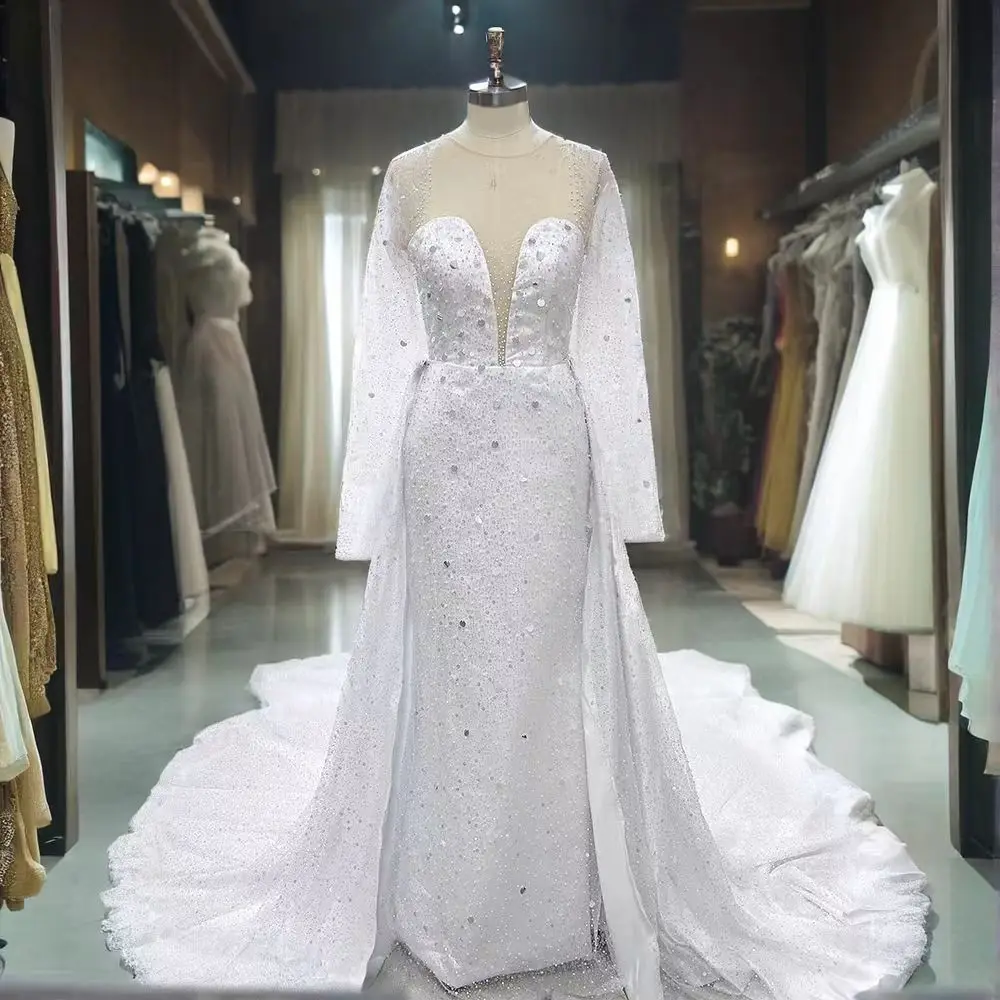 Gorgeous White Wedding Dresses for Elegant Women Elegant Women O-Neck Long Sleeve Detachable Train Gowns Bridal Dress 2024