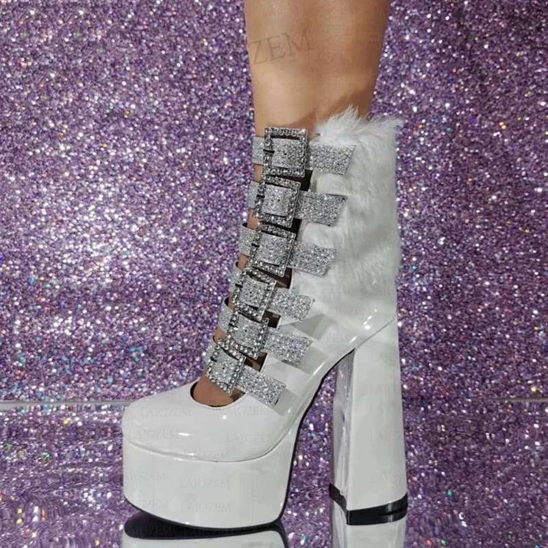 

DOHBANER Women Pumps Round Toe Crystal Buckle Straps Block Chunky Heels Sandals Cosplay Party Shoes Woman Big Size 39 40 45 52