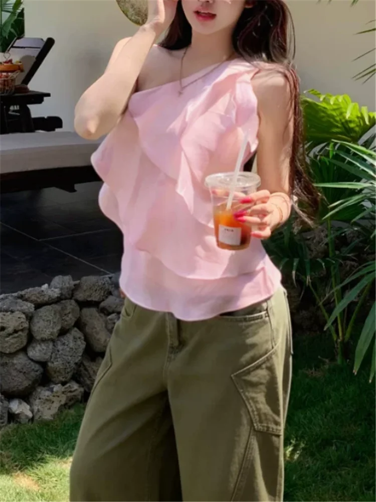 New Summer One Shoulder Pink Apricot Ruffles Shirt Stunning Women Sleeveless Irregular Blouse Resort Style Casual Short Crop Top