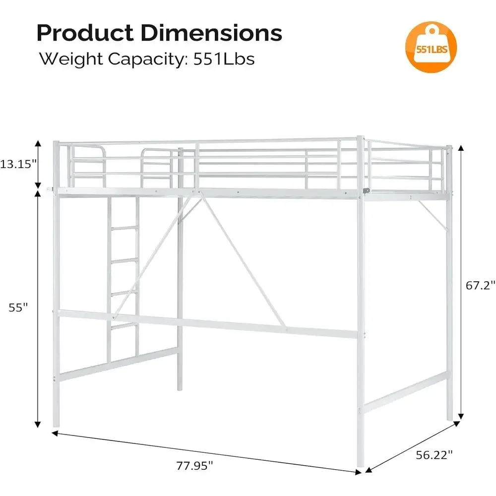 White Metal Loft Bed with Stairs and Upper Rung, Suitable for Kids, Teens, and Adults, No Box Spring Needed