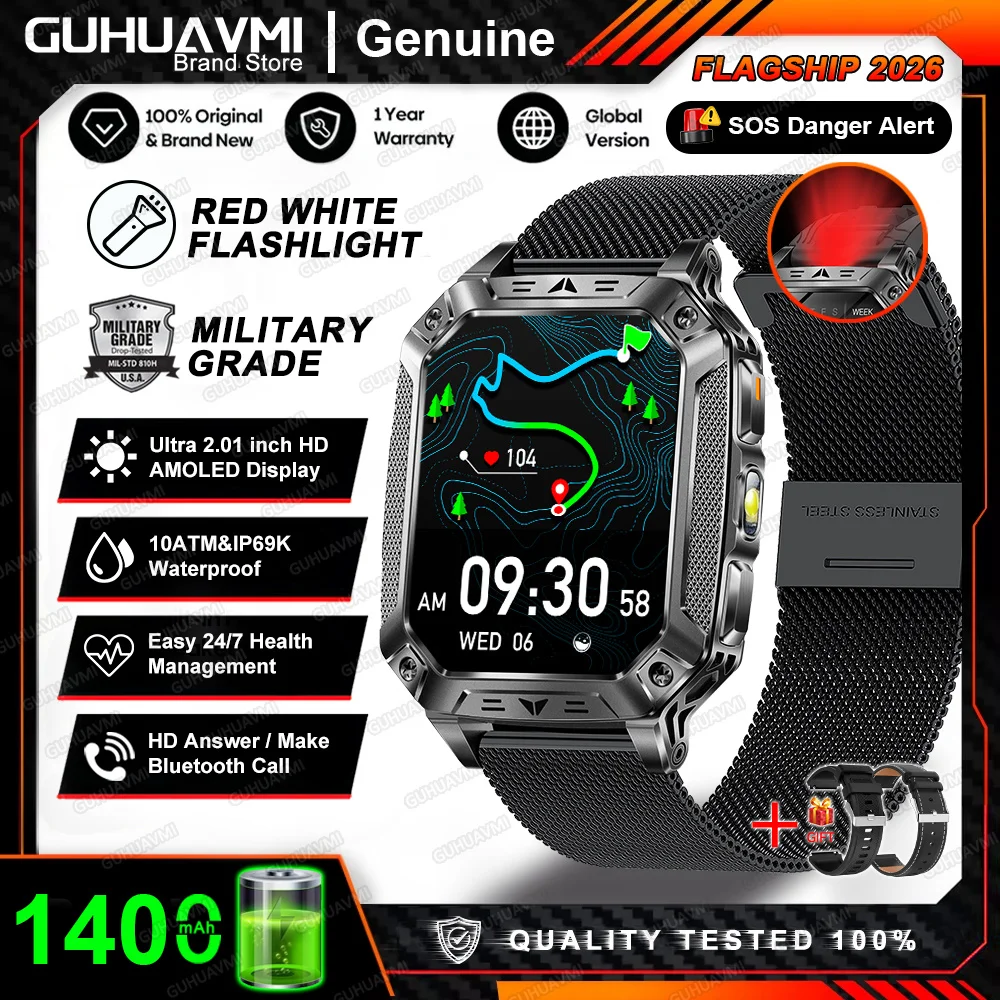 2026 Nieuwe Ingebouwde 1400mAh Supergrote Batterij Heren Smartwatch Outdoor GPS 2.01" AMOLED Scherm 10ATM Waterdicht BT Oproep Smartwatch