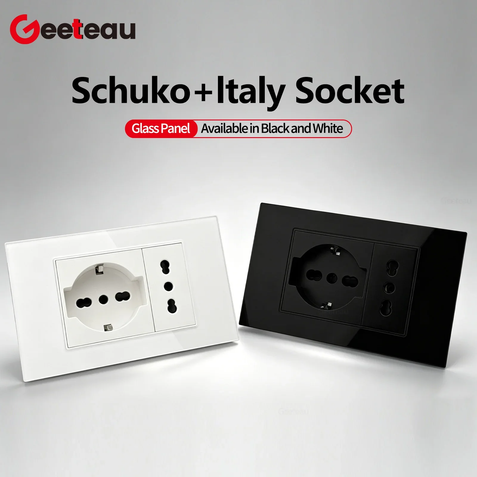 Geeteau Schuko Italy Chile Standard Socket Black White 118mm Tempered Glass Panel Home Wall Electrical Outlet