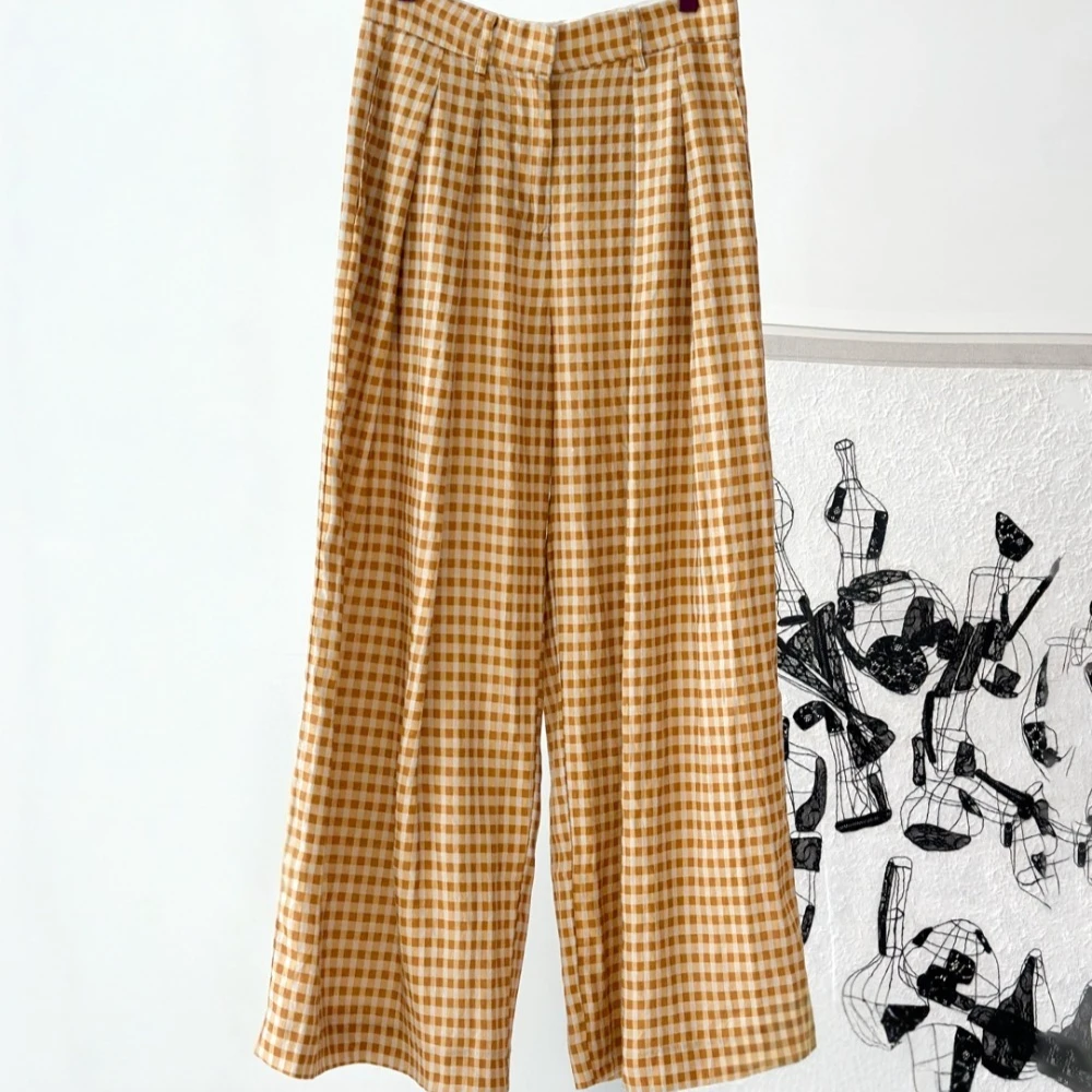 Early Autumn Linen Pants Plaid Loose Wide-leg Straight Trousers
