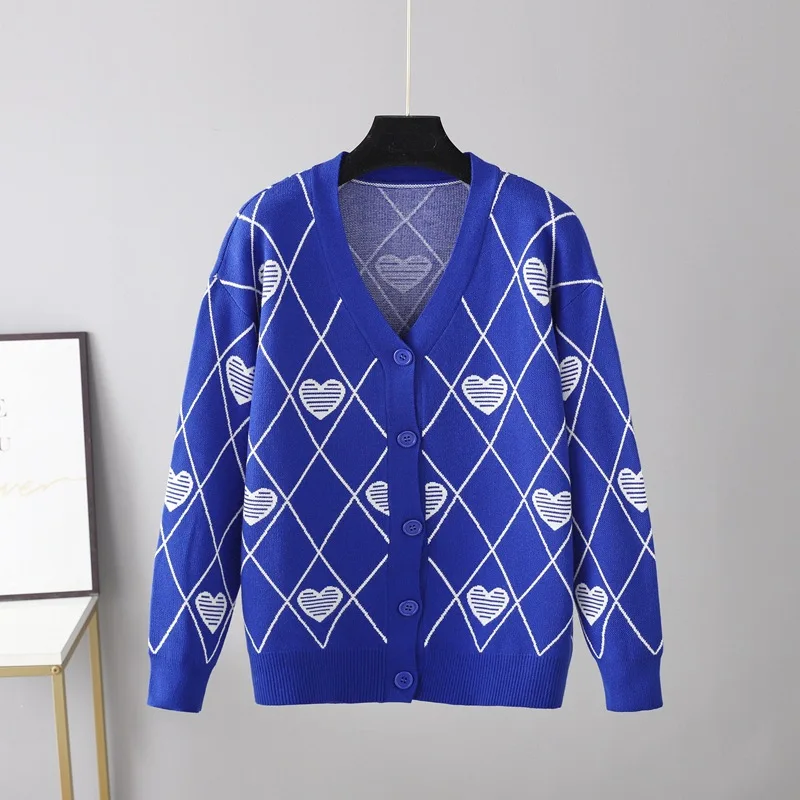 Women‘s Winter Korean Loose Heart Cardigan Sweater Coat Diamond Plaid Long-sleeve Shirt Knitted Thick Cardigan Women Sweater