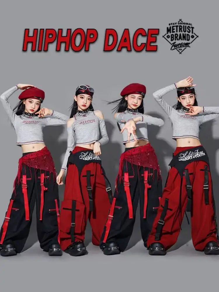 Hip Hop Girls Crop Off Shoulder Tank Top Cargo Pants Children Street Dance Girl Group Costumes Kids Streetwear Jazz Clothes Sets