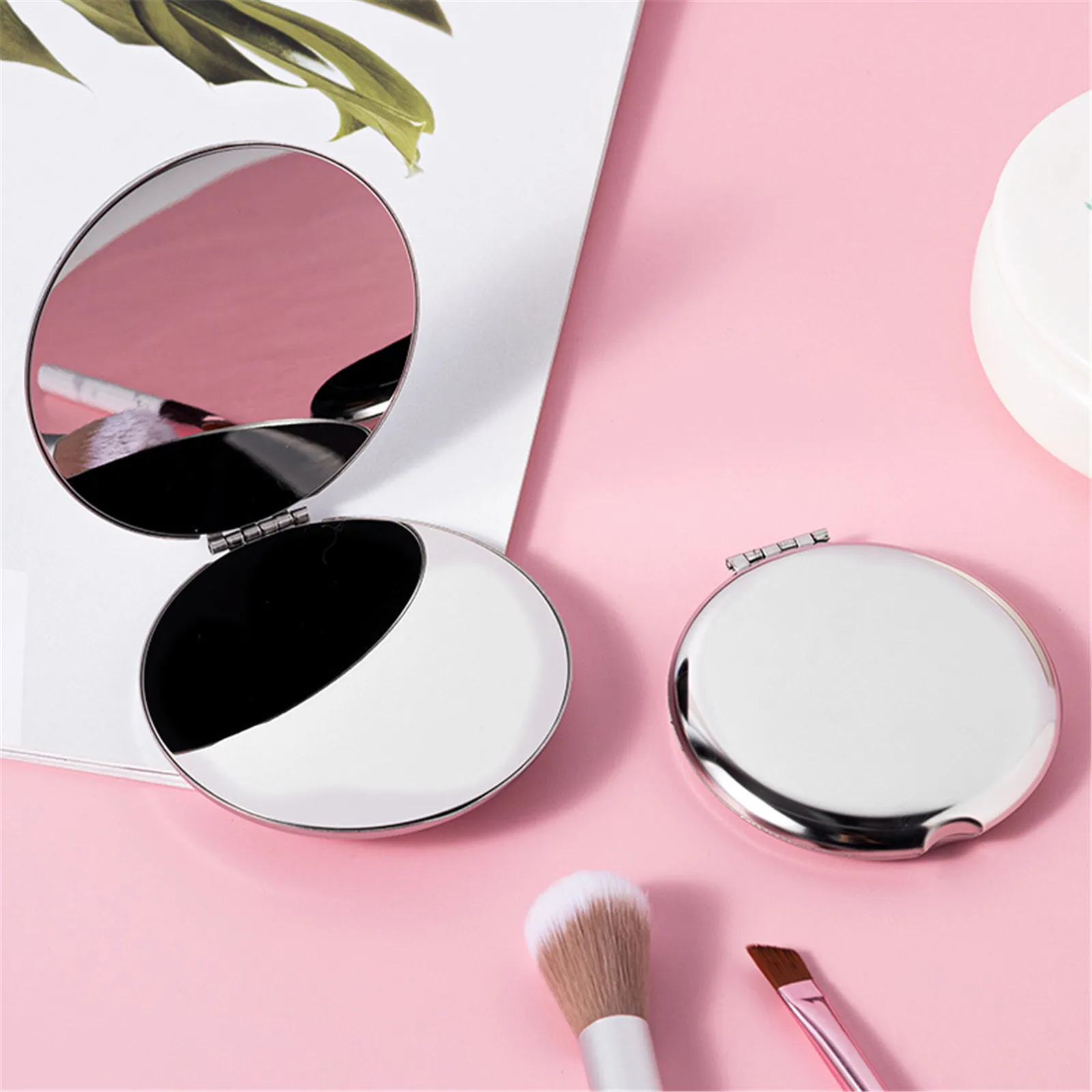 Stainless Steel Portable Double Sided Mirror Rectangular Round Folding Cosmetic Mirror Women Handheld Metal Makeup Mirror