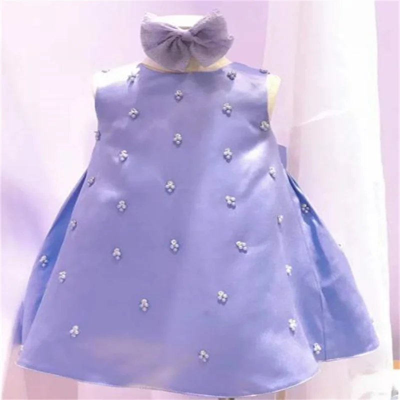 Girls princess dress purple bow dress summer tutu sweet cute Pearl Nail Drill  dress