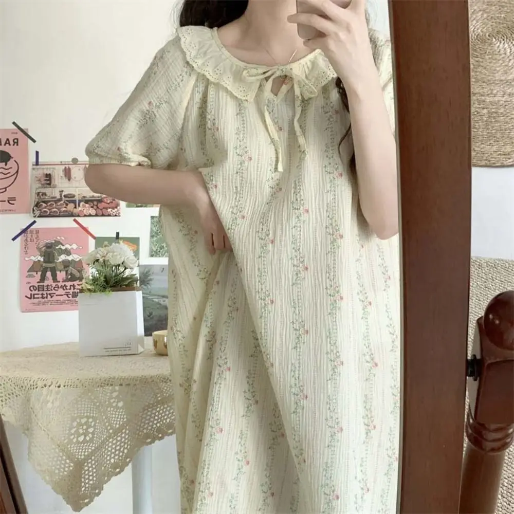 

Casual Lace Up Women's Pajama Dress Stripe Homewear Short Sleeve Nightdress Sleepwear Loose Sweet Nightgowns Club