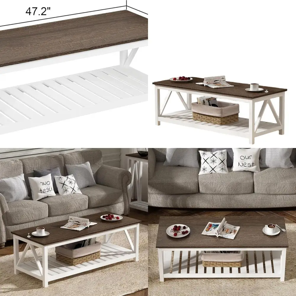 

Vintage Rustic Farmhouse Coffee Table with Shelf, 47 White Living Room Furniture