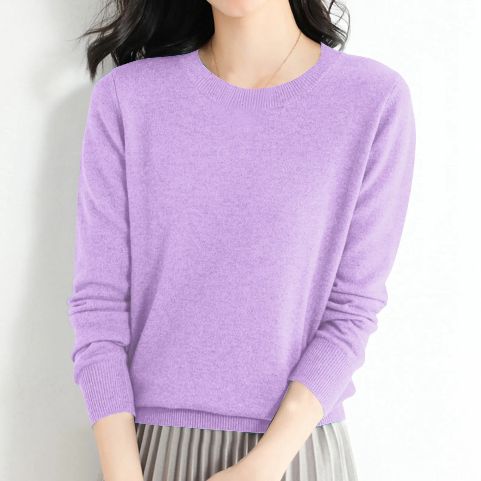 Women's Solid Colour Pullover Sweater Women's Casual Low Neck Round Neck Sweater Knitwear Winter Loose Bottom Pullover Sweater