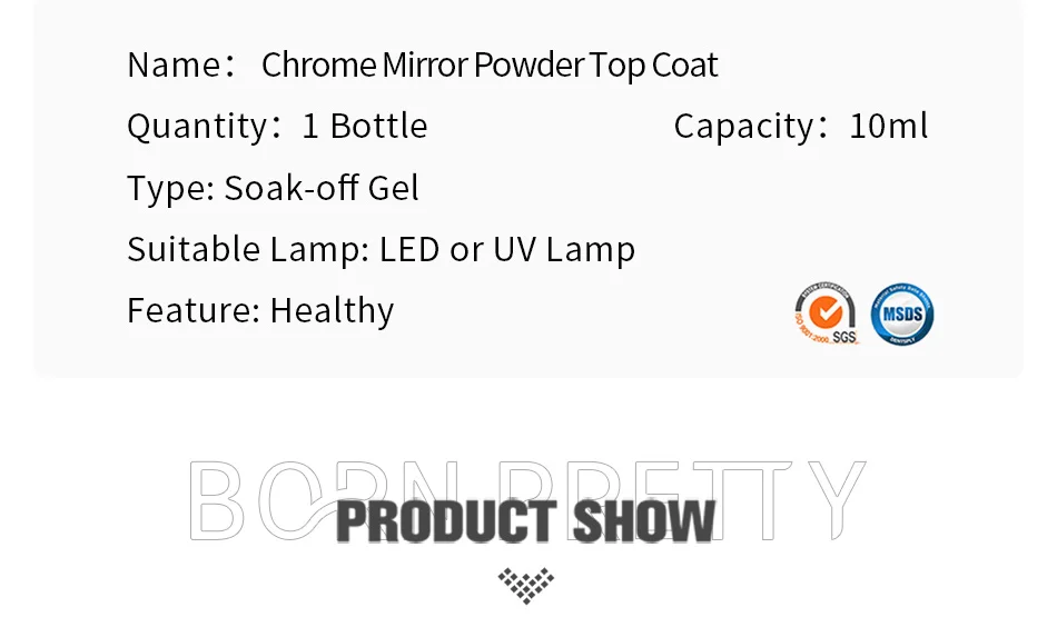 BORN PRETTY 10ml Chrom-Basisgel für Spiegelpuder Transparentes Nagelgel Kristallklar UNGIFTIG Abziehbares UV-LED Funktionsgel – Detail 2