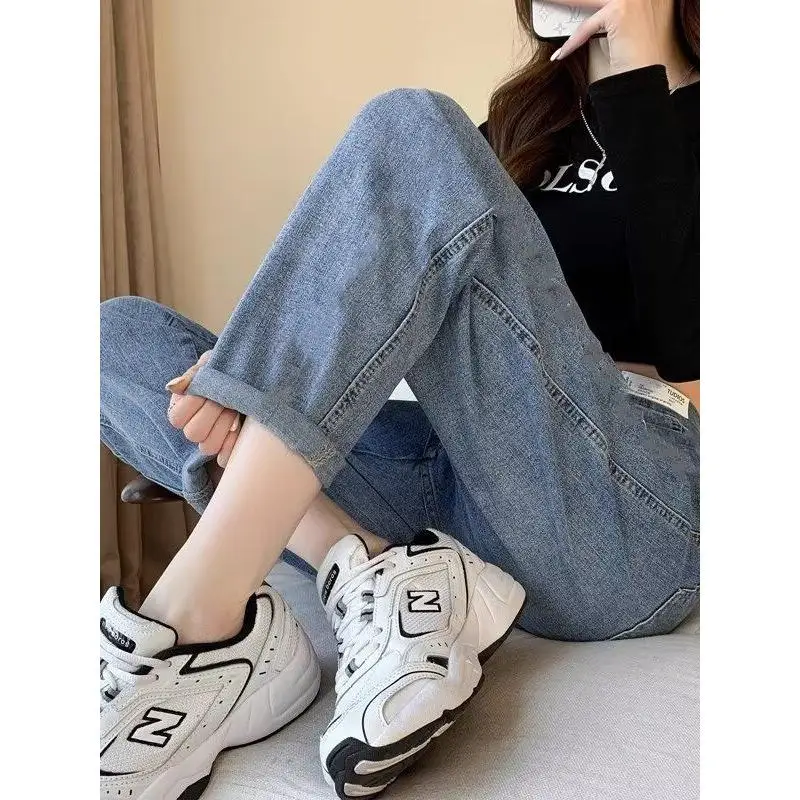 

Джинсы с высокой талией и прямыми штанинами для женщин, весенне-осенние модные брюки для похудения, повседневные, из смесового хлопка и полиэстера