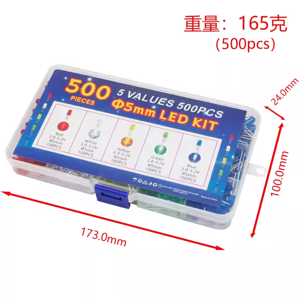 5mm F5 LED Diode Assorted Kit 5 Colors 100pcs Each Total 500pcs, for Electronic DIY, Student Experiments, Circuit Repair and Tec