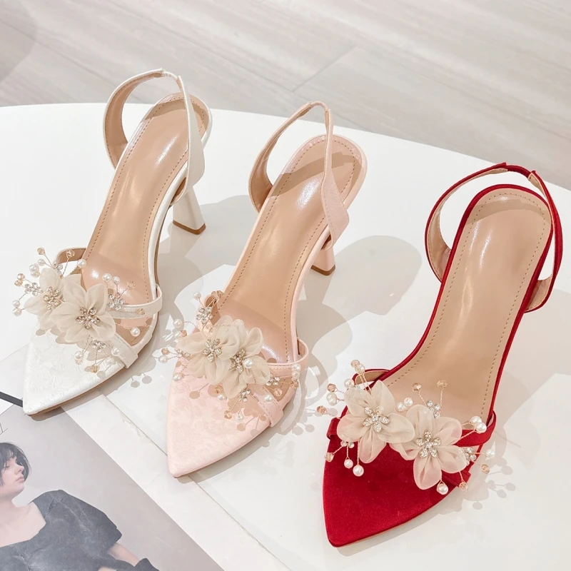 

New Summer Women's High-Heel Sandals: Stylish Pointed-Toe, Stiletto, Floral-Embellished Banquet Sandals