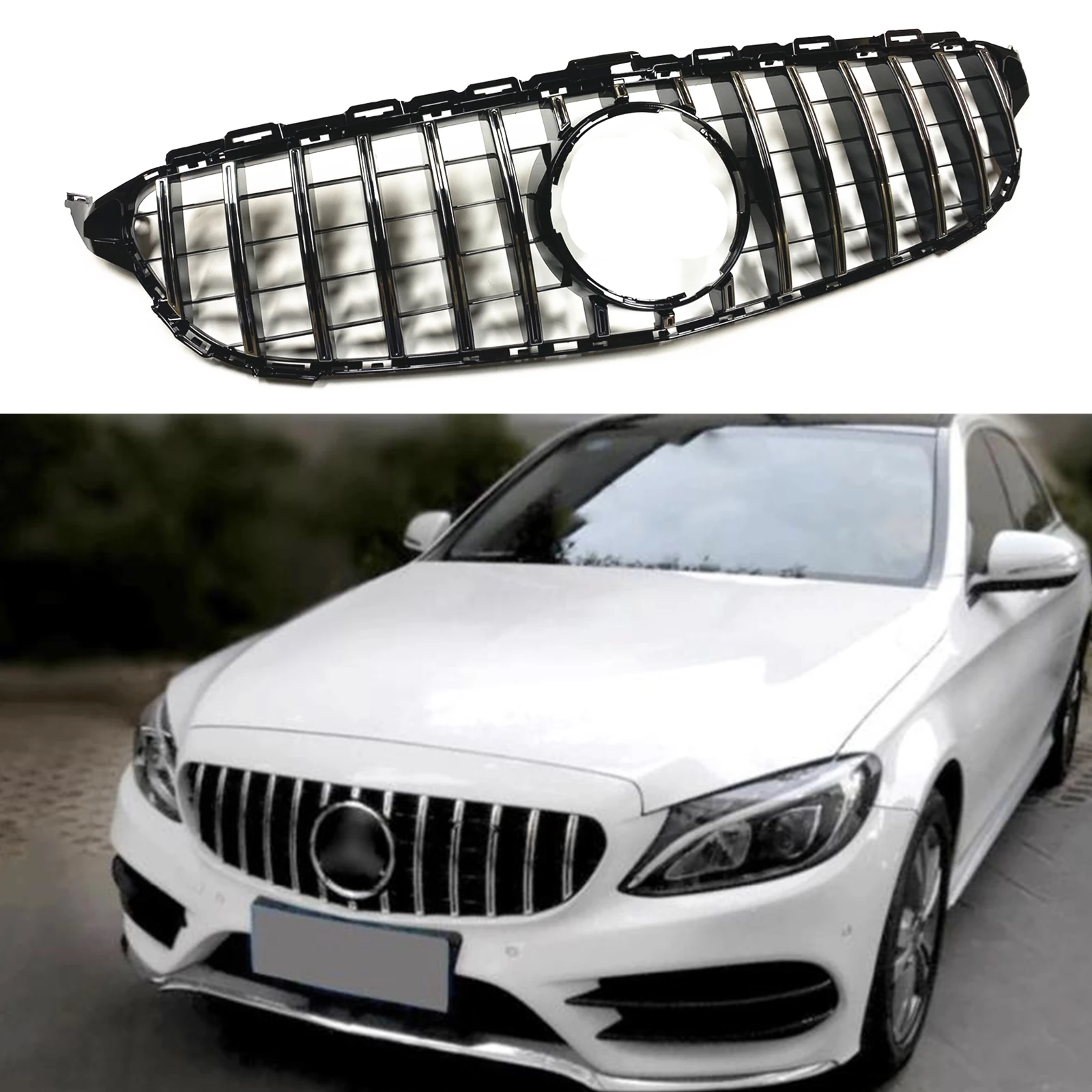 

For Mercedes Benz C Class W205 2014-2018 C180 C200 C250 C300 C43 GT Style Black/Silver Front Grille Grill Upper Bumper Hood Mesh