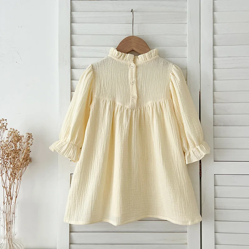 

Girls' Dress Spring Outfit Infant Toddler Baby Girl Lace Collar Puff Cotton Long Sleeve Solid Color Versatile Dress