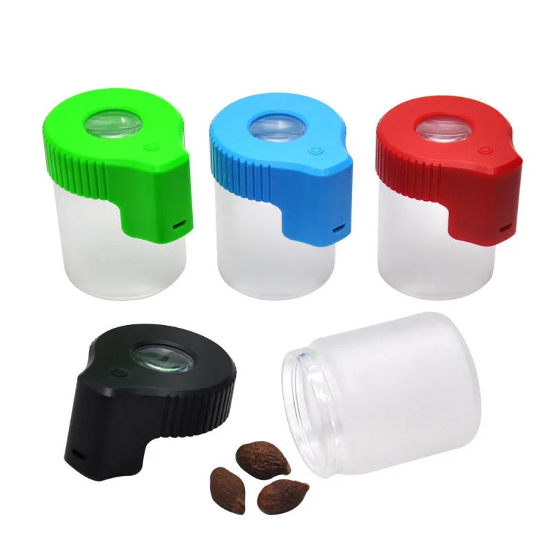 

COURNOT Plastic& amp;Glass Light-Up LED Air Tight Storage Magnifying Jar Viewing Container 155ML Multi-Use Plastic Pill Box Bott