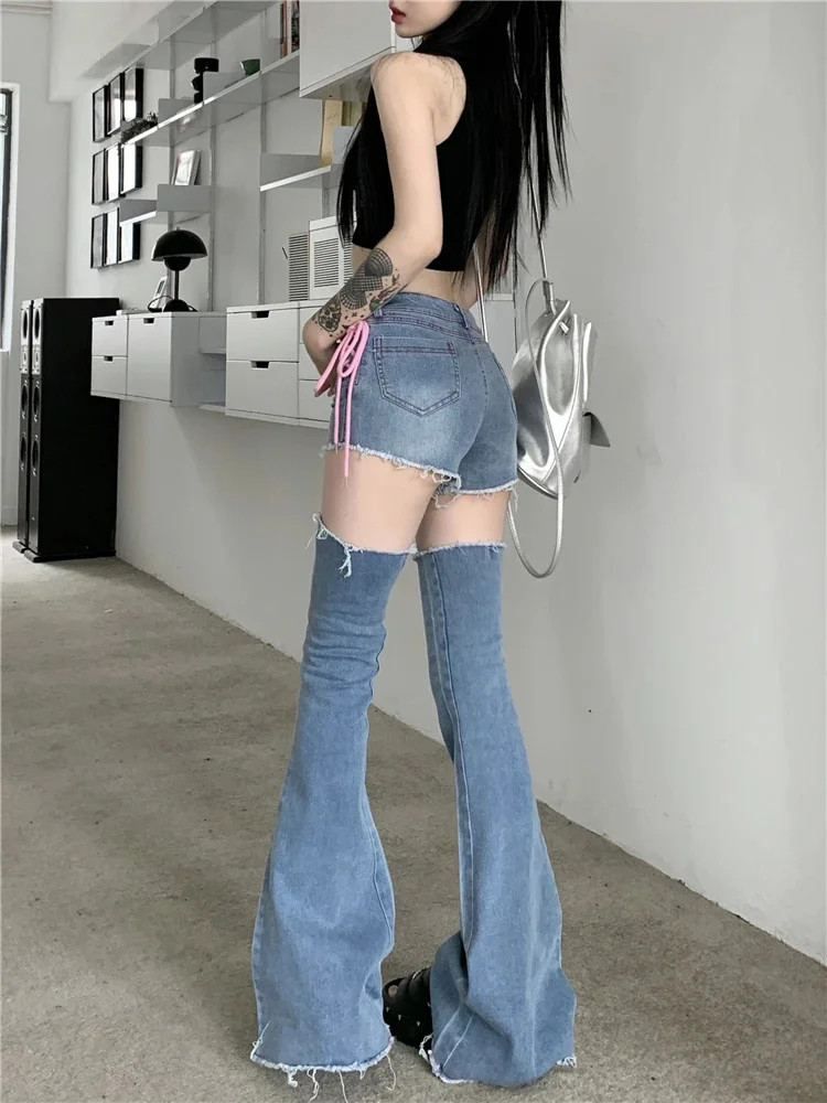 New Summer Chic Women Jeans Sweet Cool Spicy Girls High Waist Elastic Slim Fit Lacing Shorts+Horn Leg Covers denim pants mujer