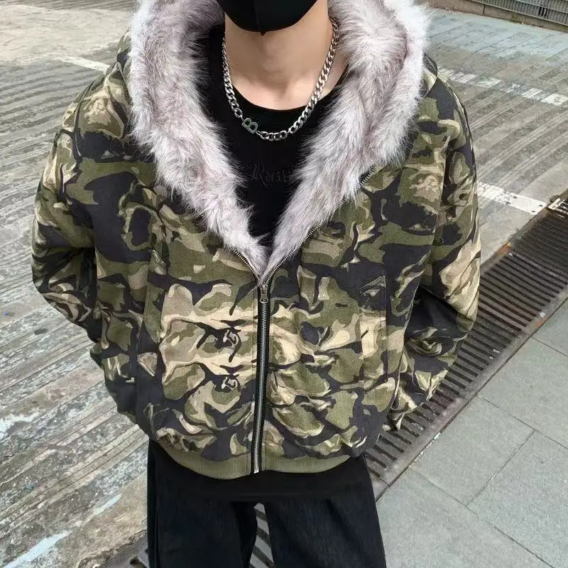 

2025 ретро камуфляжная плюшевая толстовка с капюшоном Y2K, хлопковая куртка, мужская маска в стиле хип-хоп, большая супер толстовка с капюшоном, повседневная куртка