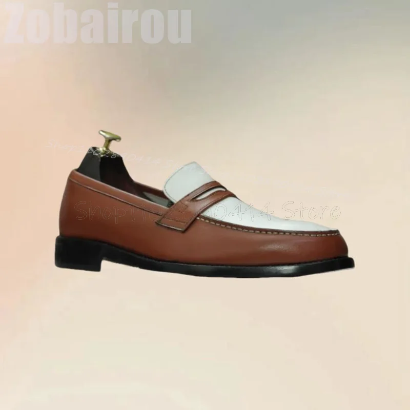 Mocasines de cuero mate con diseño de costura para hombre, zapatos sin cordones, hechos a mano, de lujo, para fiesta, banquete y oficina, color marrón y blanco