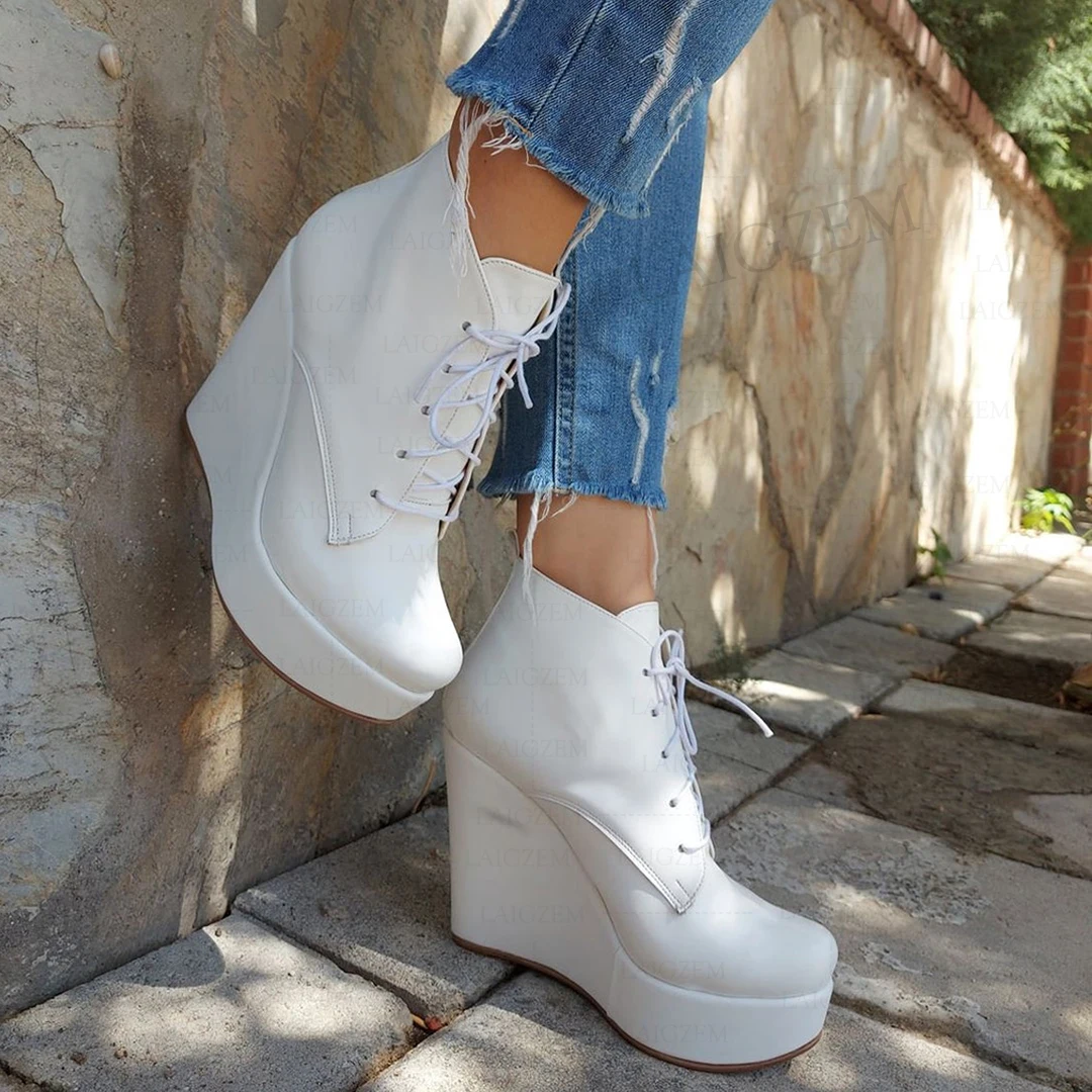 SEIIHEM Women Ankle Boots Platform Wedges Lace Up Botas Mujer Short Boots Female Handmade Shoes Woman Plus Big Size 41 45 50 52