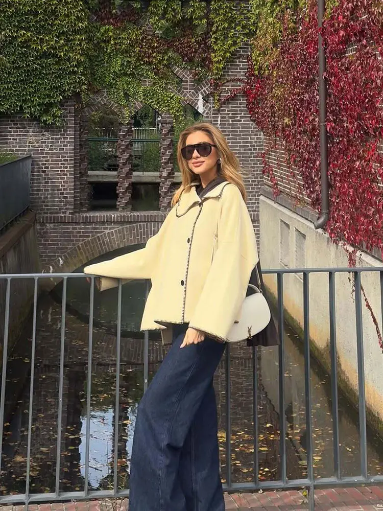 

TFAFXY Women Loose Jacket 2025 Autumn Stand Collar Long Sleeve Contrast Stitched Oversize Coat Female Casual Outerwear Y2K