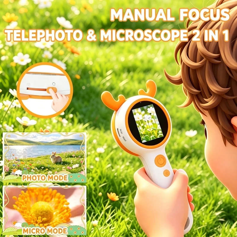 Kids Handheld Digital Microscope with Screen Display, Rechargeable LED Tool for Detail Insect Observation and Home Nature 15UB