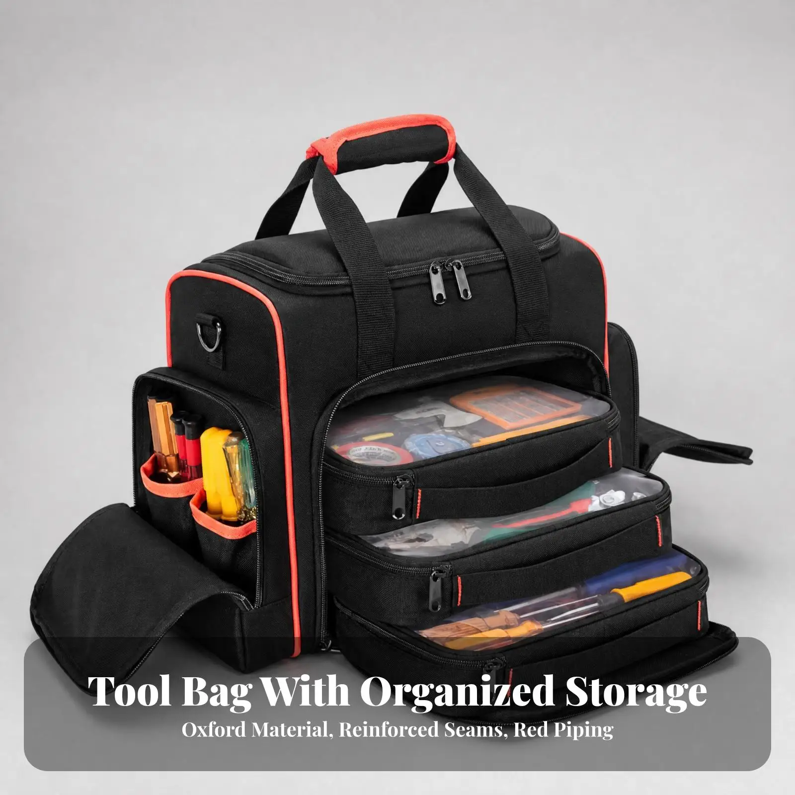 Compact Multi Pocket Work Pouch Tool Bag Organizer with Four Rubber Feet and Shoulder Strap for Handyman Tasks