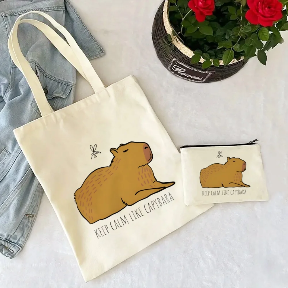 Capybaras Kawaii Cartoon Animal Cute Gift Bag Set, Print Tote Bag, Casual Canvas Shoulder Bag with Mini Storage Bag