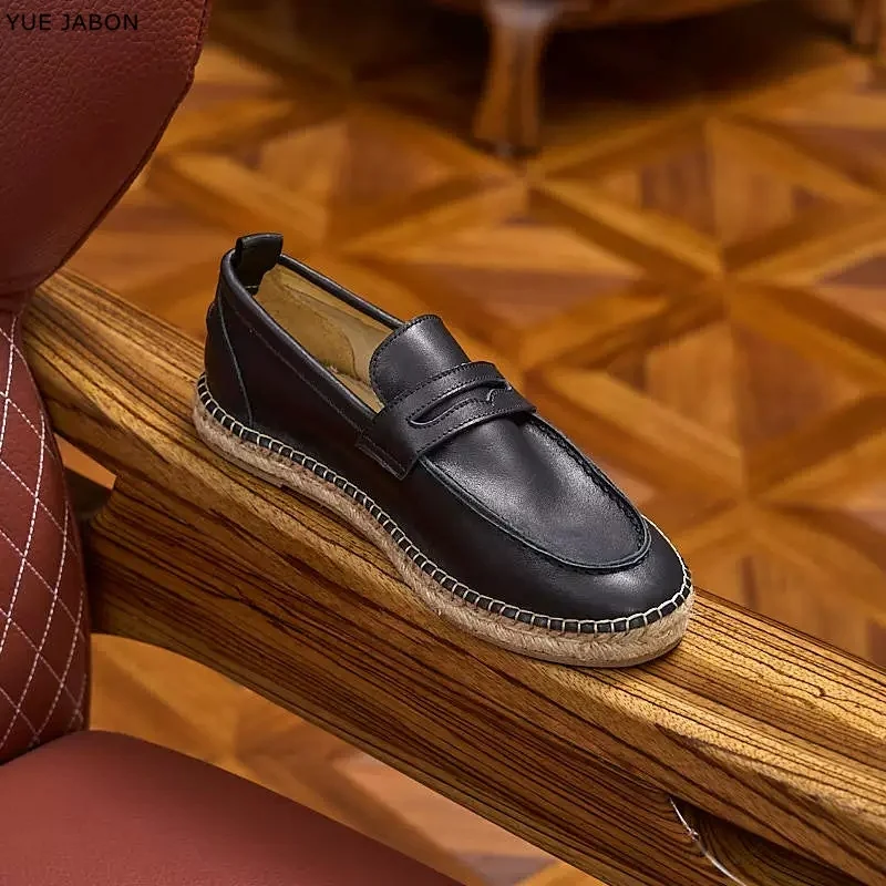 Black Genuine Leather Slip-On Loafers Men's Spring Fashionable Casual Shoes Comfortable Lightweight round Toe Party Wedding Flat