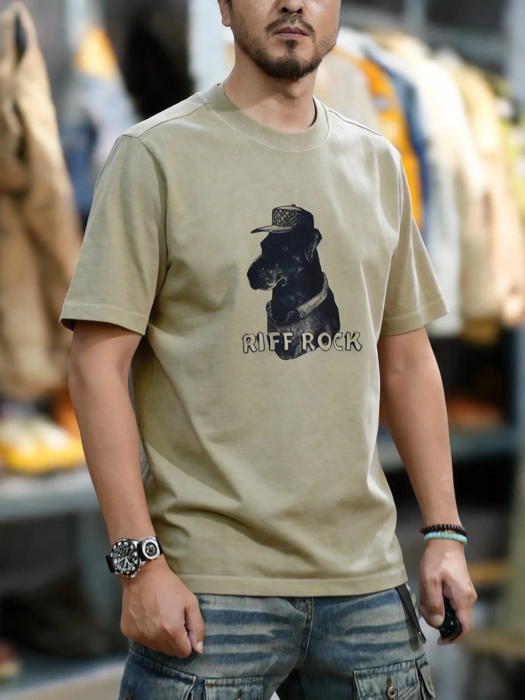 Summer New American Retro 350g Short Sleeve O-neck Letter Dog Printed T-shirt Men's Fashion 100% Cotton Washed Casual Loose Tops