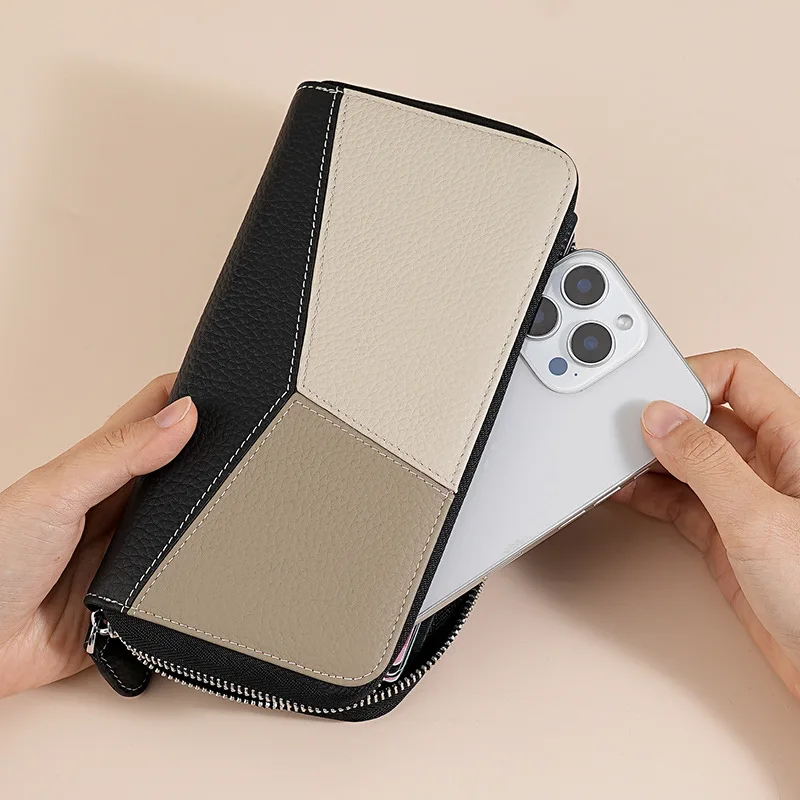 حقيبة بطاقات الجهاز RFID للرجال والنساء، محفظة طويلة من الجلد بسحاب ملون، محفظة بطاقات ائتمان متعددة الوظائف