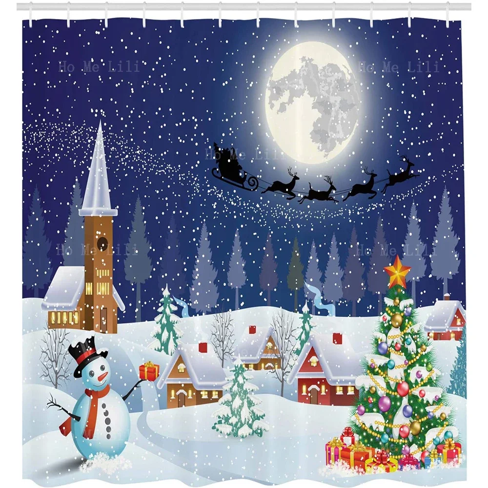 Winter Season Snowman Xmas Tree Santa Sleigh Reindeer Hovering In Winter Sky Moon Present Boxes Stars Shower Curtain