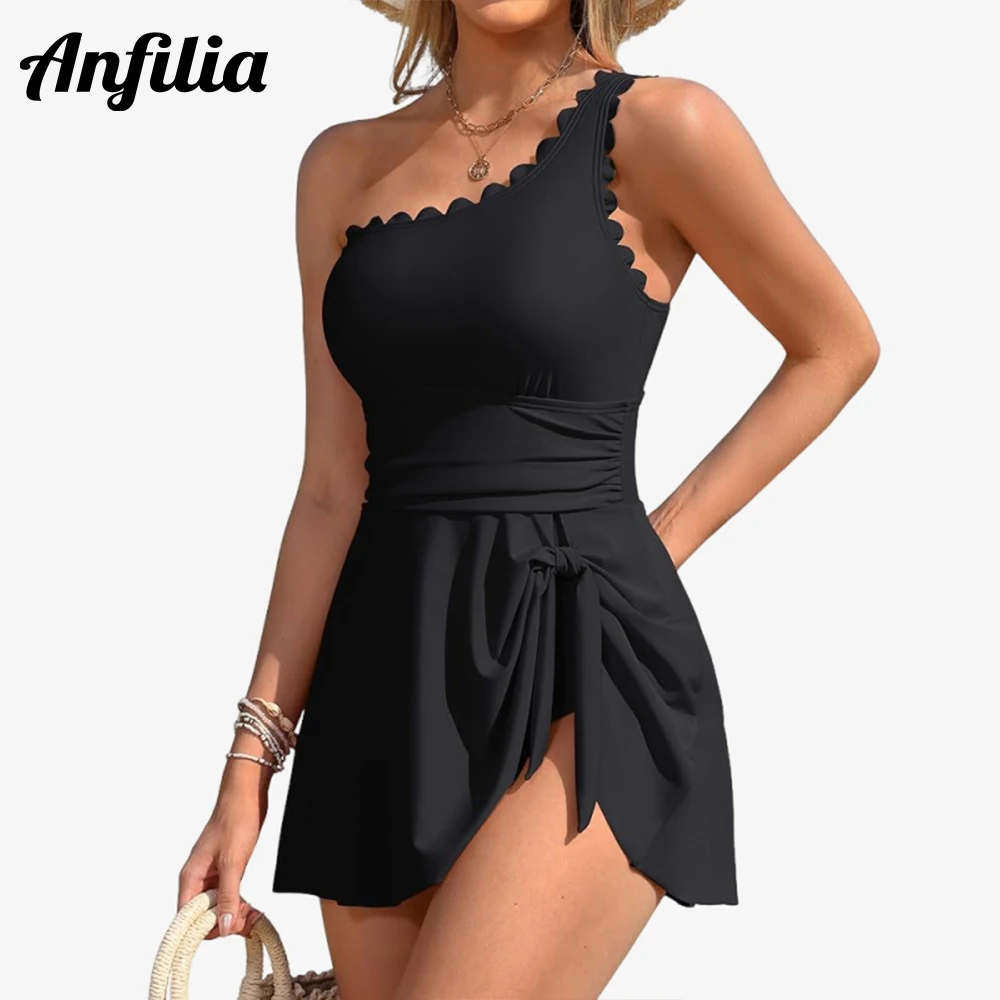 Anfilia One-Shoulder-Badeanzug für Damen, Bauchkontrolle, Badeanzug mit Rock, Schleifenknoten, niedliches Badekleid mit Wellensaum