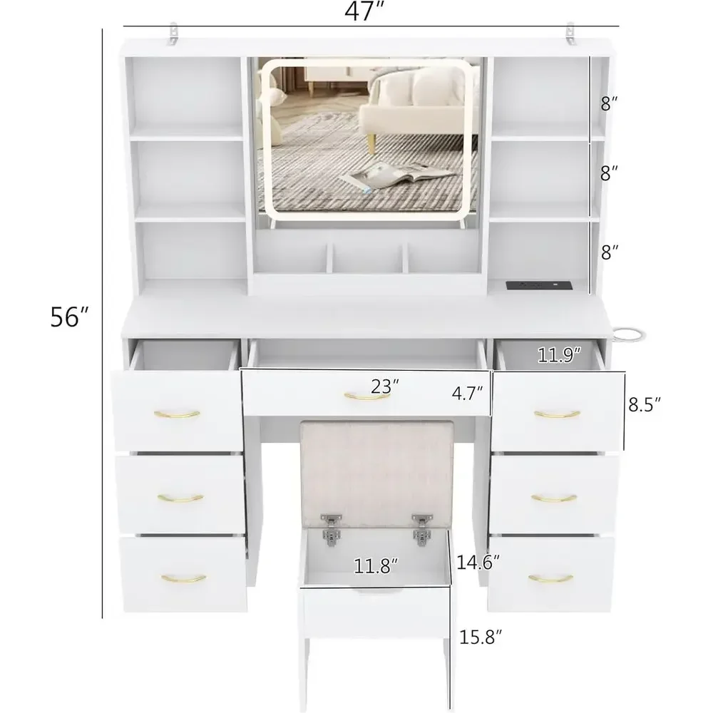 47 Inch Large Vanity Desk with 7 Drawers, Cushion Stool, Outlet, 6 Shelves, White Makeup Table Set with 3 Lights for Bedroom or
