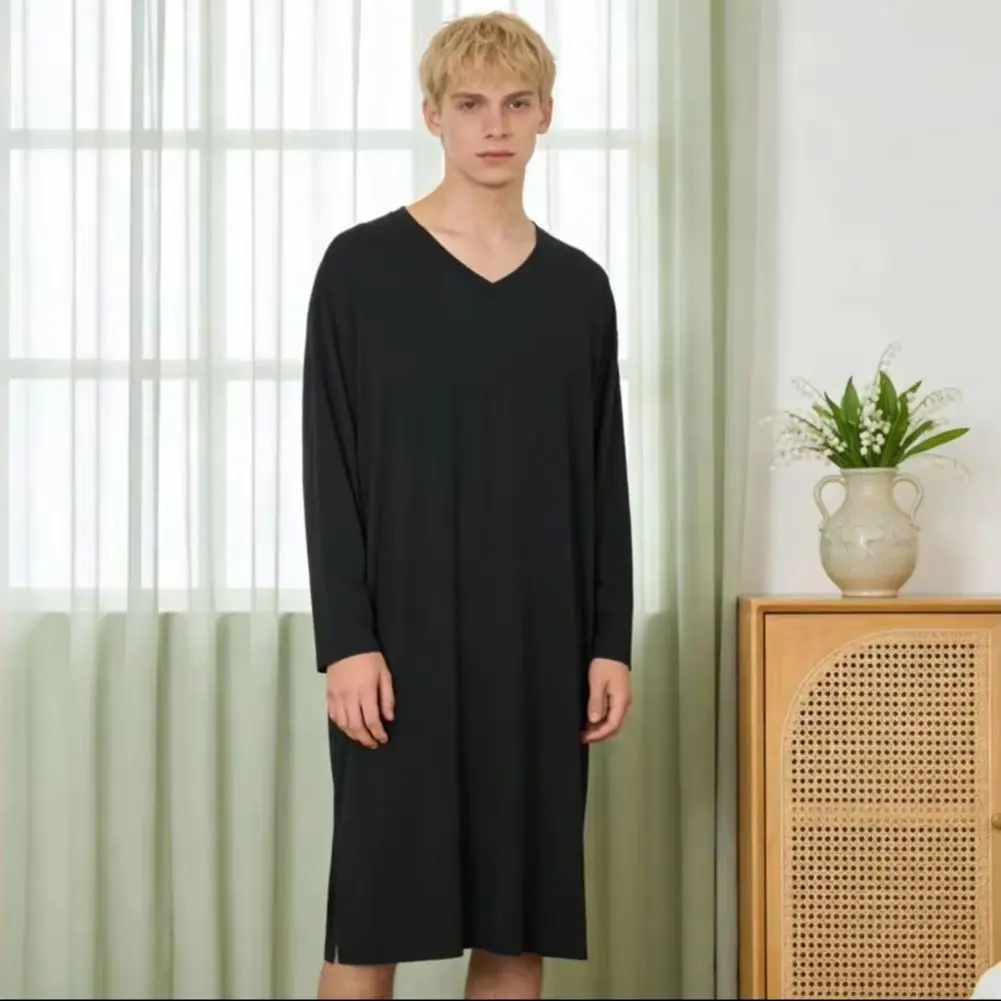

Men Nightgown V-Neck Long Sleeve Soft Modal Fabric Robe Pure Color Loose Fit Casual Sleepwear Home Cozy Men Homewear Robe