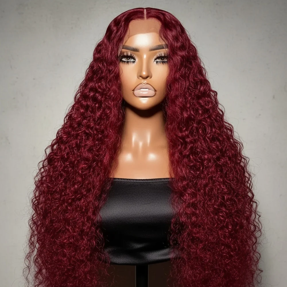 

34 Inch Burgundy 99j Deep Wave Frontal Wig Colored Curly Human Hair Wigs 250 Density 13x4 Hd Lace Frontal Human Hair Wigs