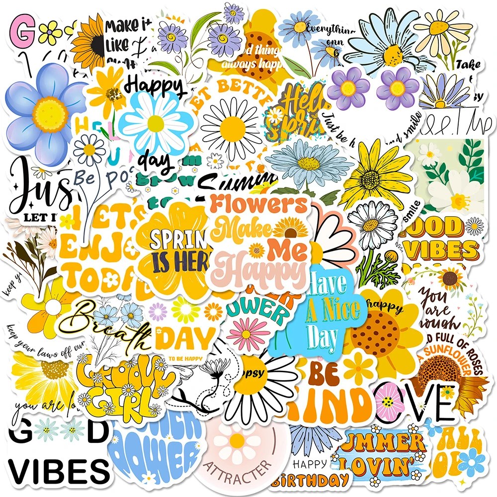 

10/30/50Pcs Sunflower English Word Cartoon Stickers Kawaii Aesthetic Waterproof Decal for Stationery Diary Scrapbooking Sticker