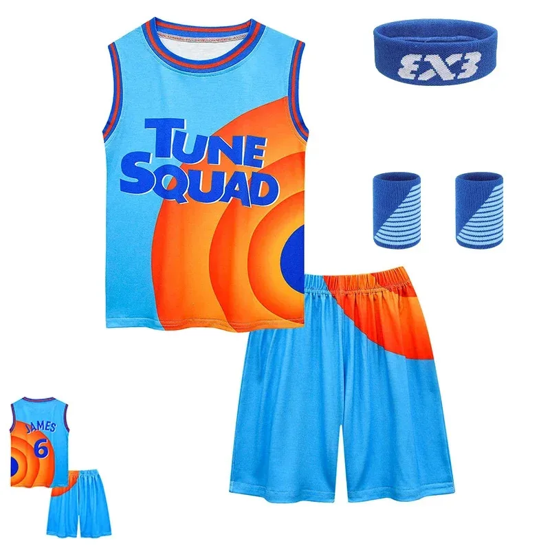 Set Jersey Basket Pasukan Tune 2 Space Jam Anak Laki-laki & Perempuan Anime 72th-Rompi Cosplay Olahraga Anak-anak & Celana Pendek Pakaian Olahraga Unifo