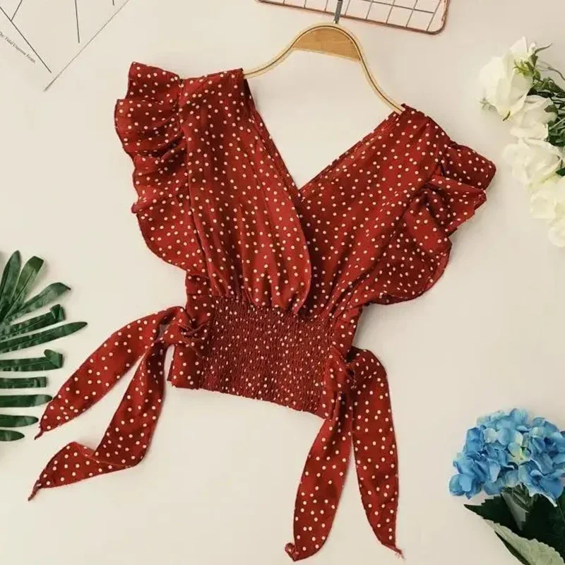 

Rimocy Polka Dot Sexy Deep V Neck Shirts Women 2024 Summer Ruffles Sleeveless Crop Tops Woman Slim Fit Chiffon Blouse Female