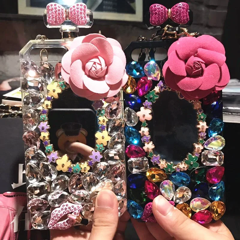 Luxury Bling Crystal Diamond Flower Mirror Chain Handbag, Perfume Bottle Case for Samsung Galaxy S24 Plus S21 FE S22 S23 Not20