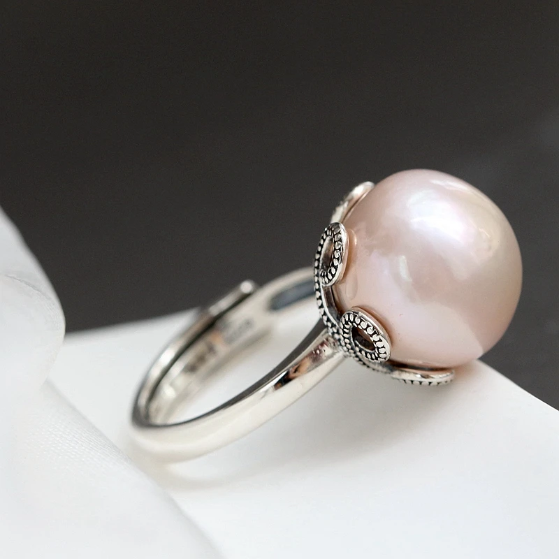 

Inlaid Natural Freshwater Pearl Trendy Women Adjustable Ring Handmade Creative Delicate 925 Sterling Silver Rings Jewelry Gift