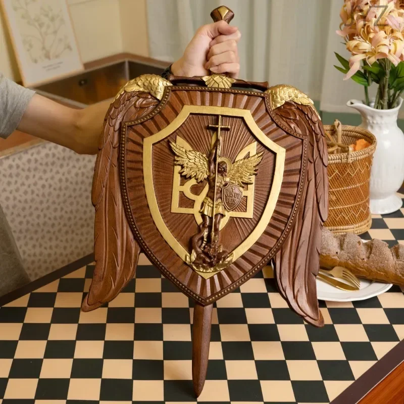 High Quality Holy Sword Archangel Michael Shield Wood Carving Wall Hanging Decoration