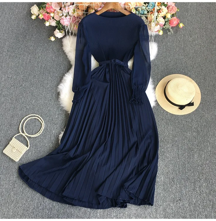 Dress Women Long Dresses A Line Pleated Round Neck Long Sleeve Tight High Waist Belt Slim Sexy Elegant Splice Vestidos 2024