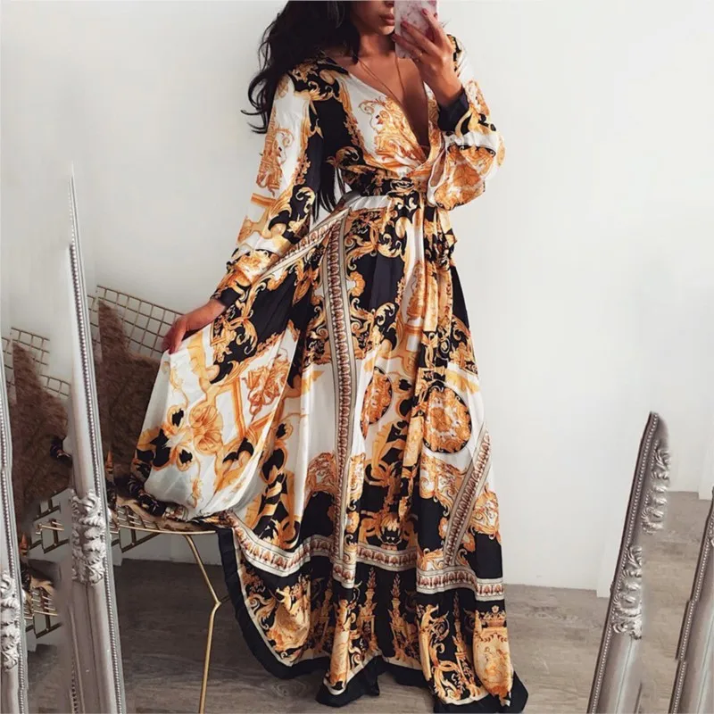 

Printed collar pullover long-sleeved wide-swing slit long dress