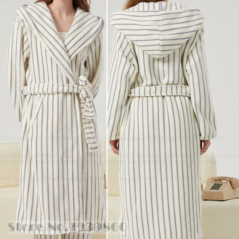 Winter New Thicken Flannel Female Long Robe Pajamas Set White Stripe Hooded Bathrobe Nightgown Homewear Coral Fleece Loungewear