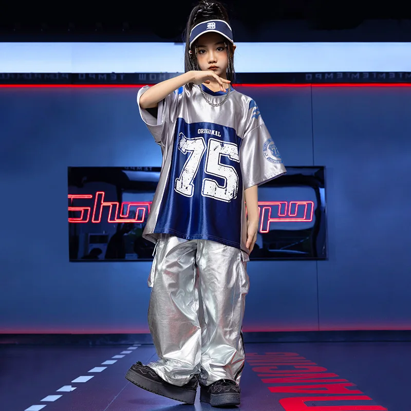 女の子と男の子のためのシルバートップのカーゴパンツ、子供のためのジャズダンスの衣装、ヒップホップの服、Kpopの衣装、子供のストリートウェア、dwy10217